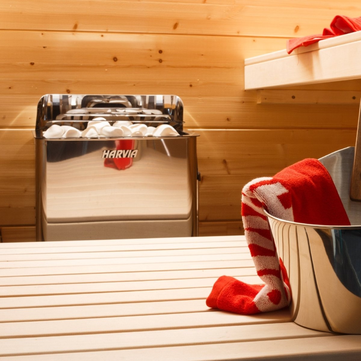 Harvia The Wall SWS80 sauna heater mounted against wood sauna wall