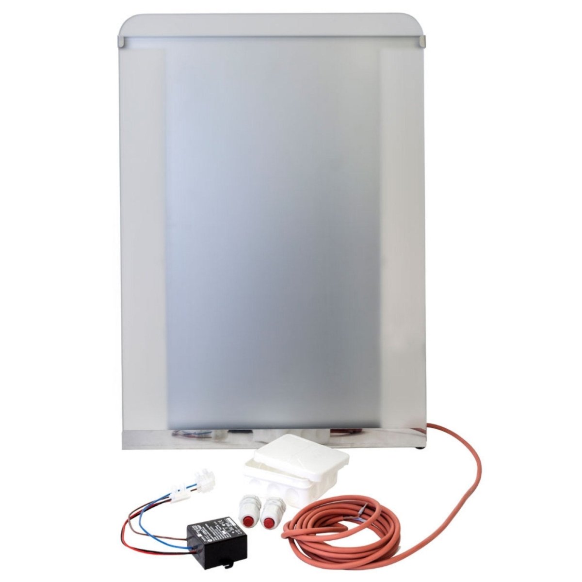 Harvia The Wall SWS80 electric sauna heater on white background with wiring