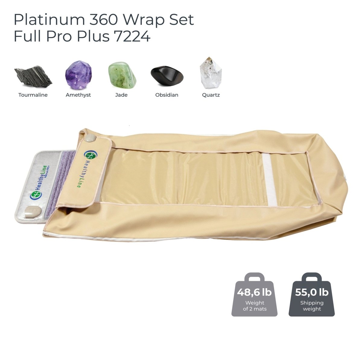 HealthyLine Platinum 360 Wrap Set Full Pro Plus PEMF Far Infrared Heating Mat with gemstones, remote controls, and weight