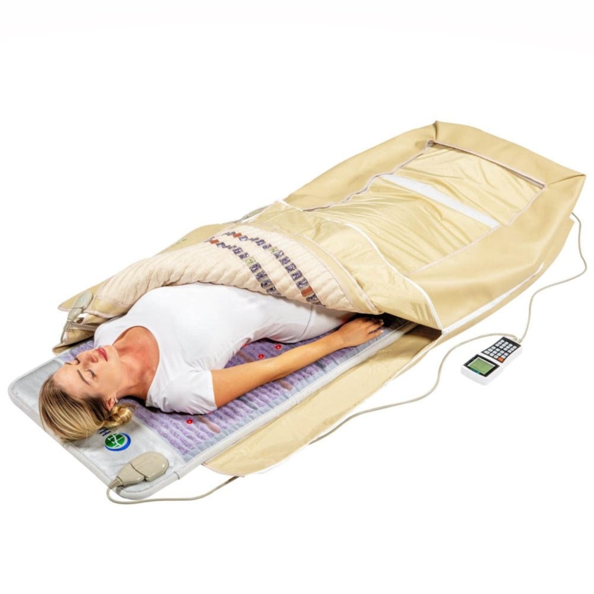 Woman using HealthyLine Platinum 360 Wrap Set PEMF Far Infrared Therapy Blanket for full-body relaxation and detox