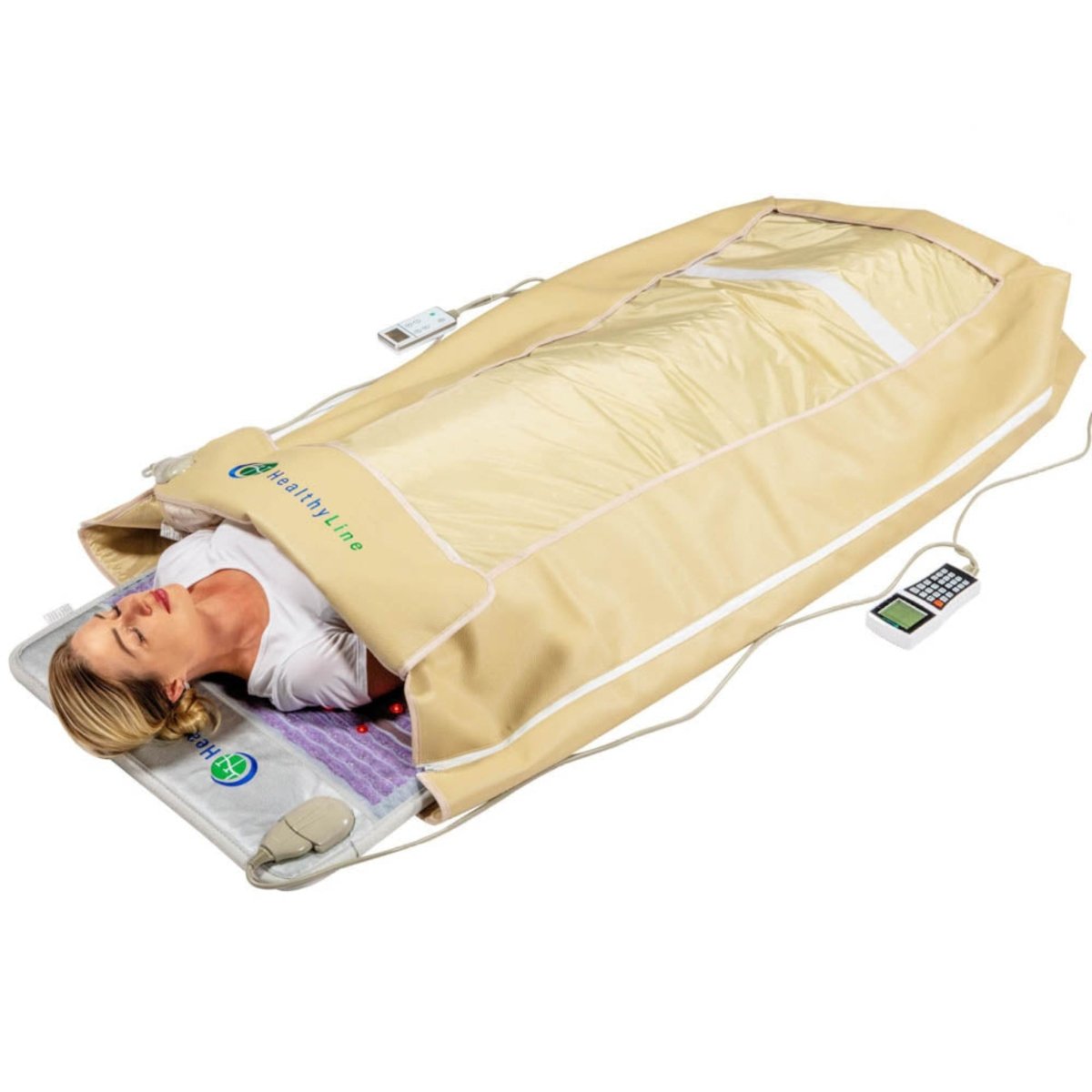 Woman lying inside the HealthyLine Platinum 360 Wrap Set PEMF Far Infrared Sauna Blanket for full-body therapy