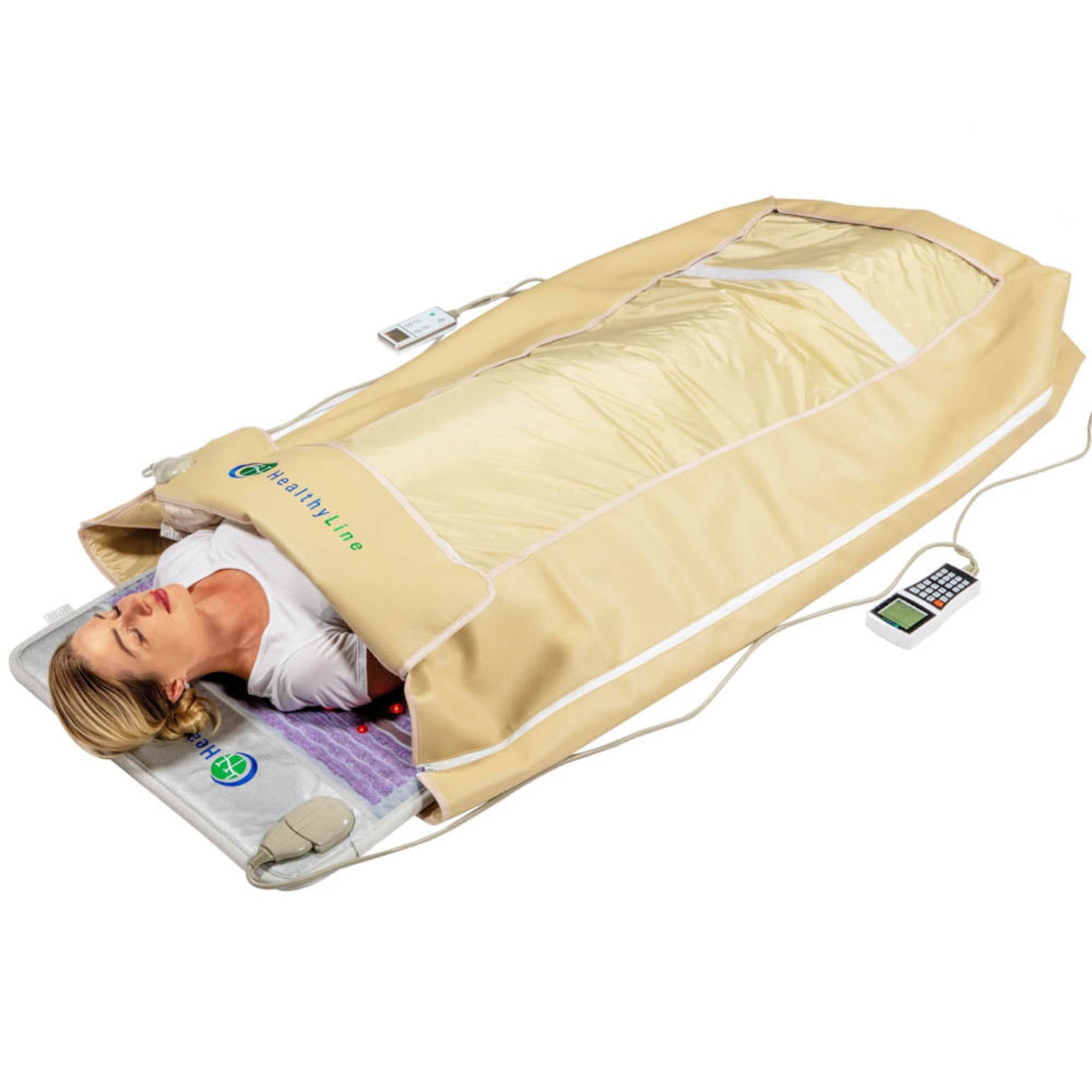 Woman lying inside the HealthyLine Platinum 360 Wrap Set PEMF Far Infrared Sauna Blanket for full-body therapy