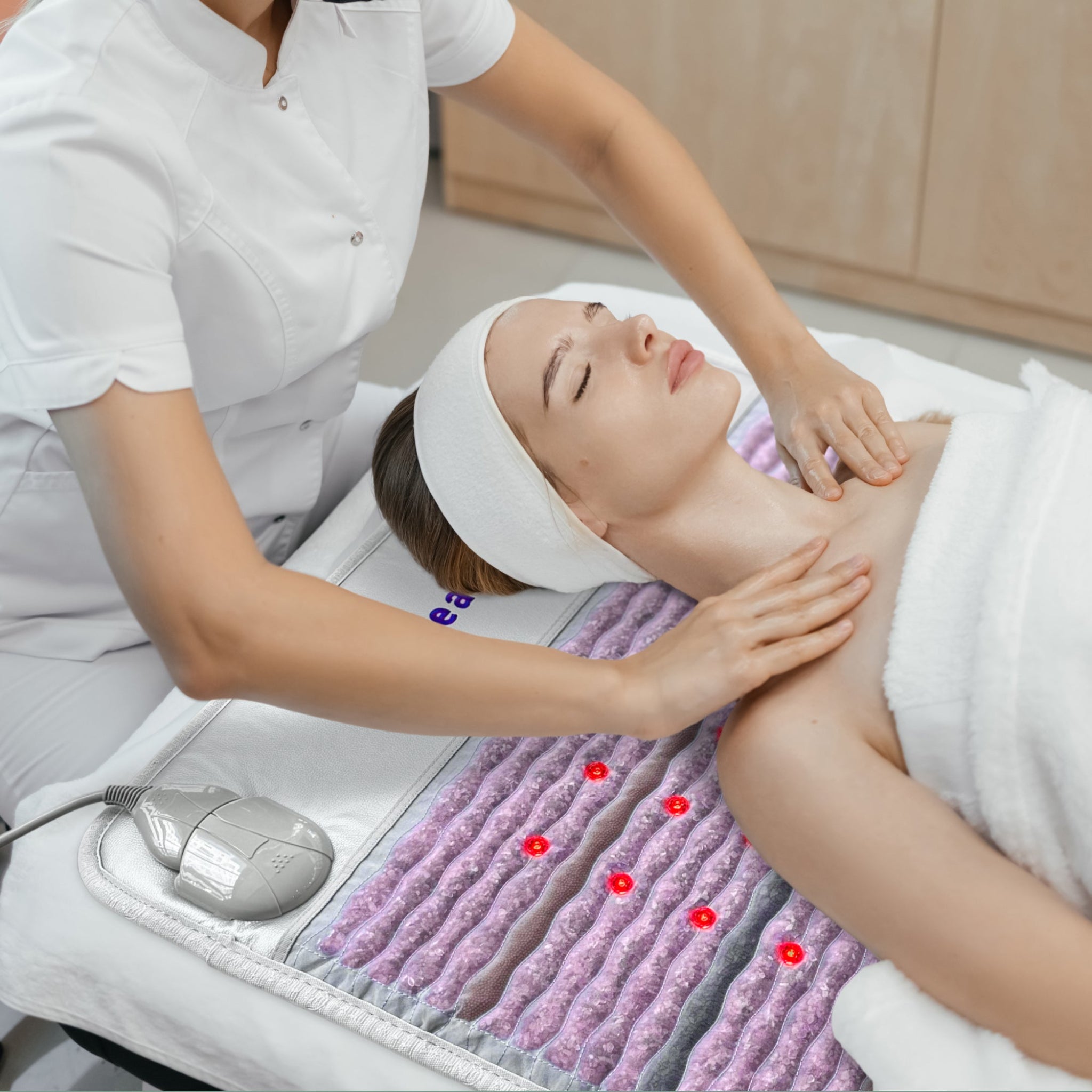 Woman receiving a facial treatment while lying on a HealthyLine Platinum PEMF Far Infrared Heating Mat with amethyst, jade, and tourmaline gemstones