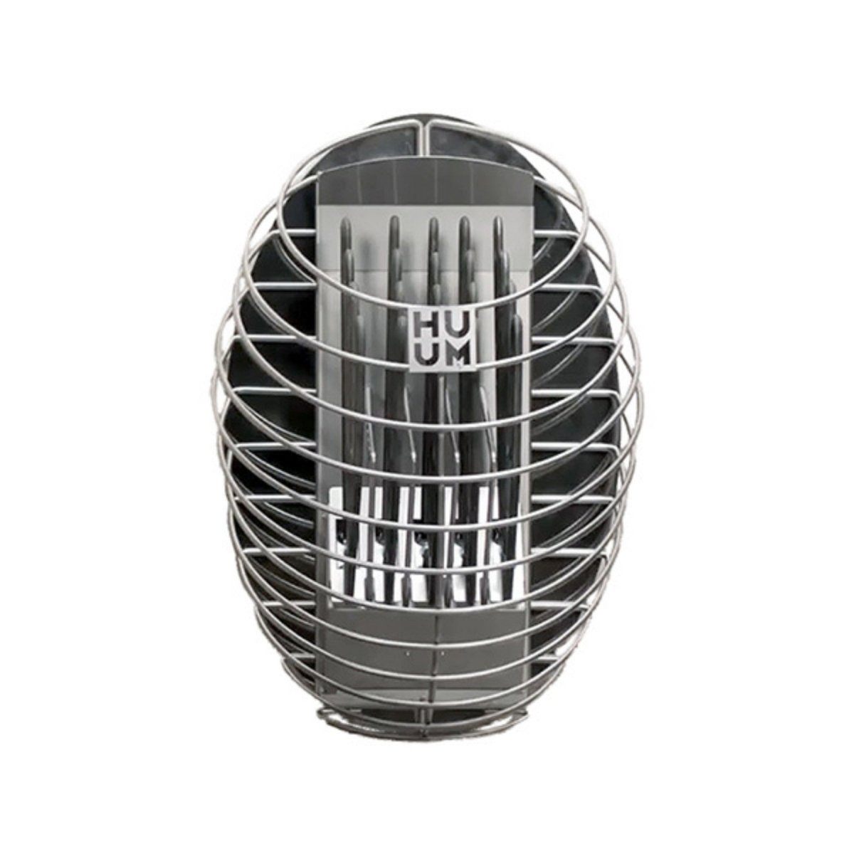 Technical render of HUUM DROP 6 electric heater showing wireframe basket design.