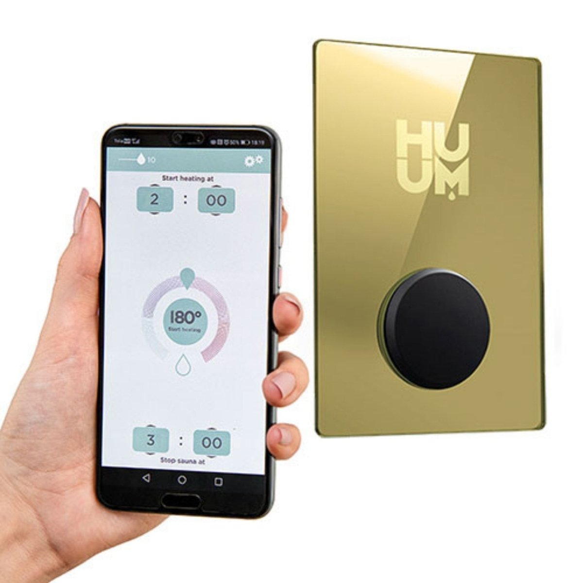 HUUM UKU Gold sauna controller shown with smartphone app interface