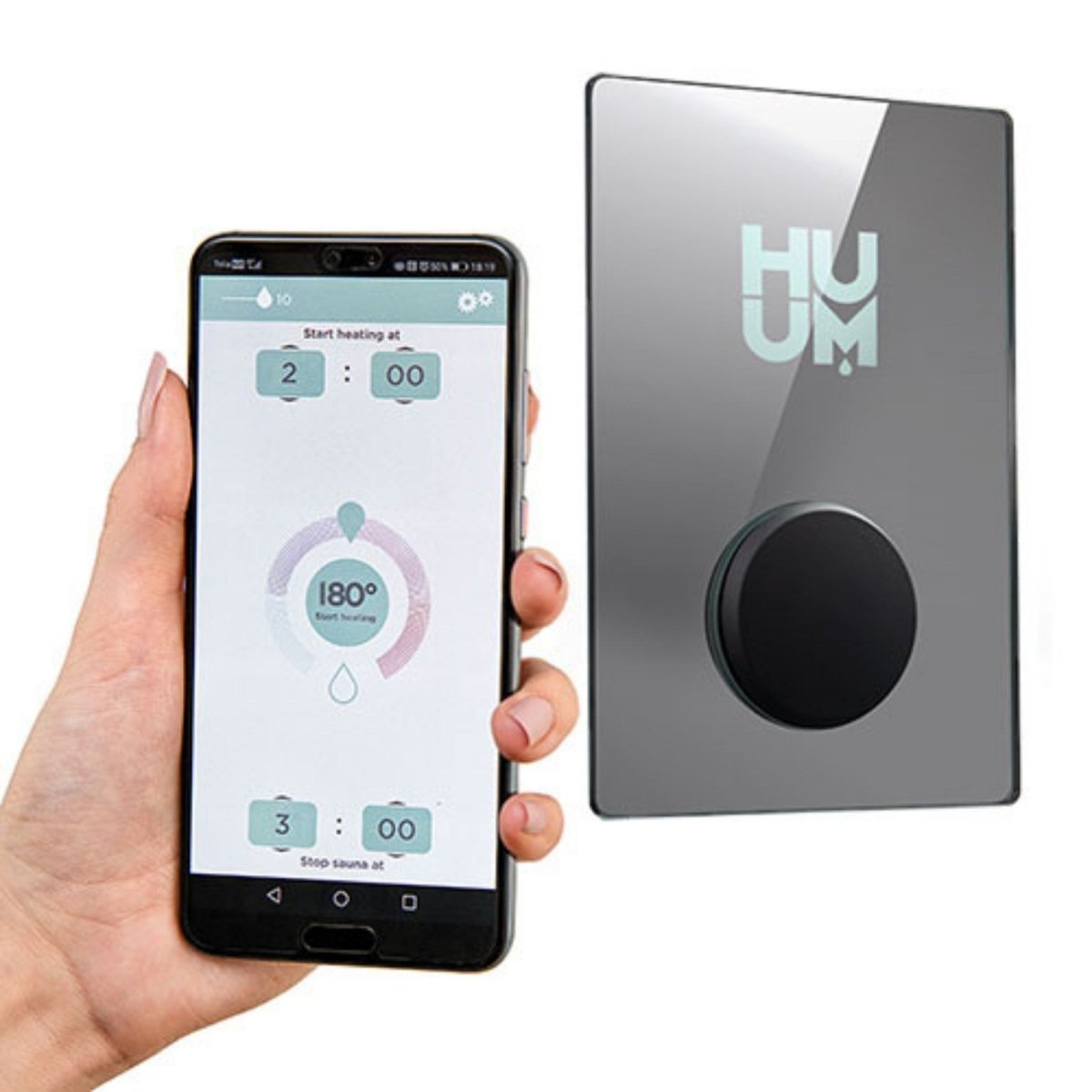 HUUM UKU Mirror sauna controller shown with smartphone app interface