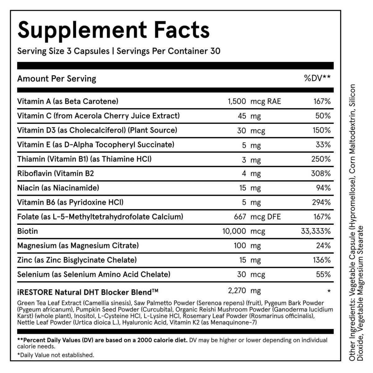 Supplement facts label for iRestore Hair Growth Formula dietary supplement