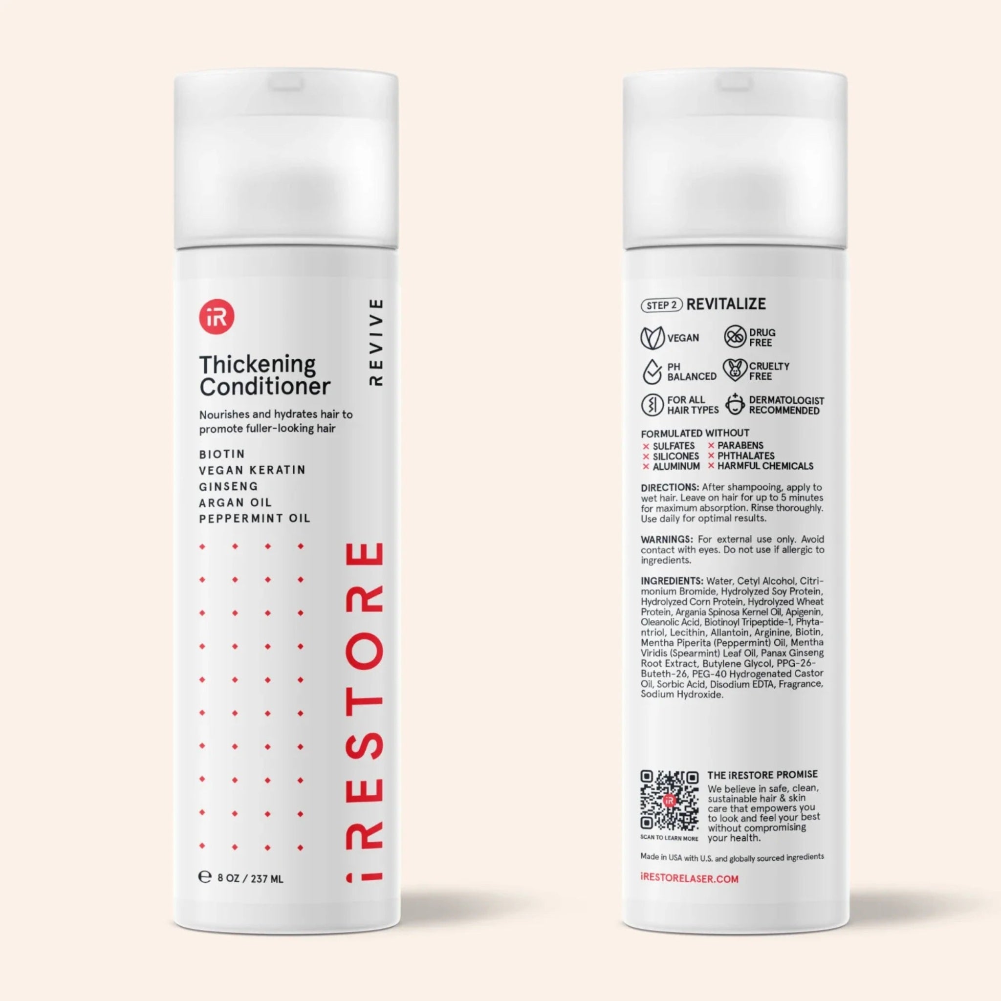 Back label of iRestore Thickening Conditioner bottle showing ingredients
