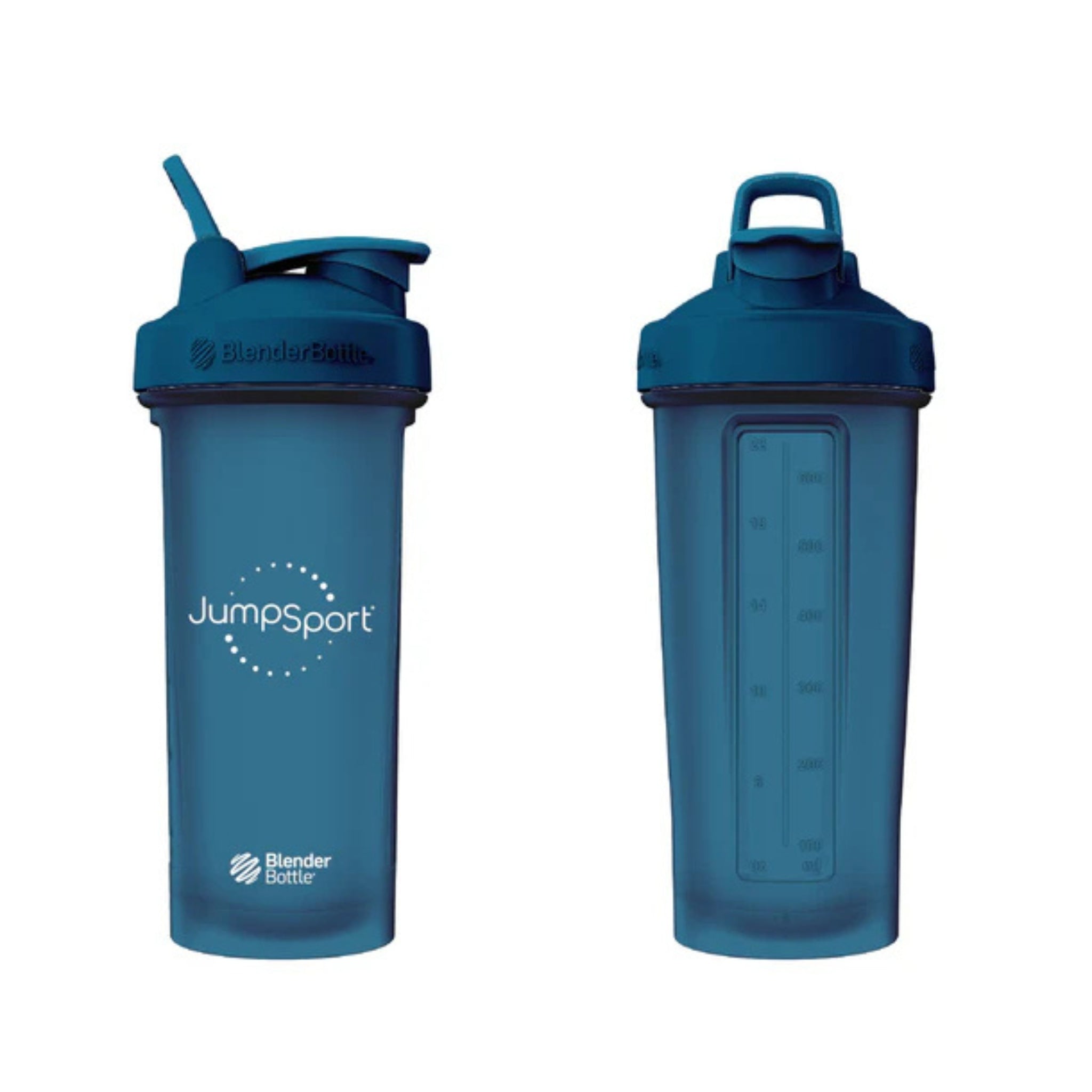 Jumpsport blue shaker bottle with secure flip lid for fitness hydration