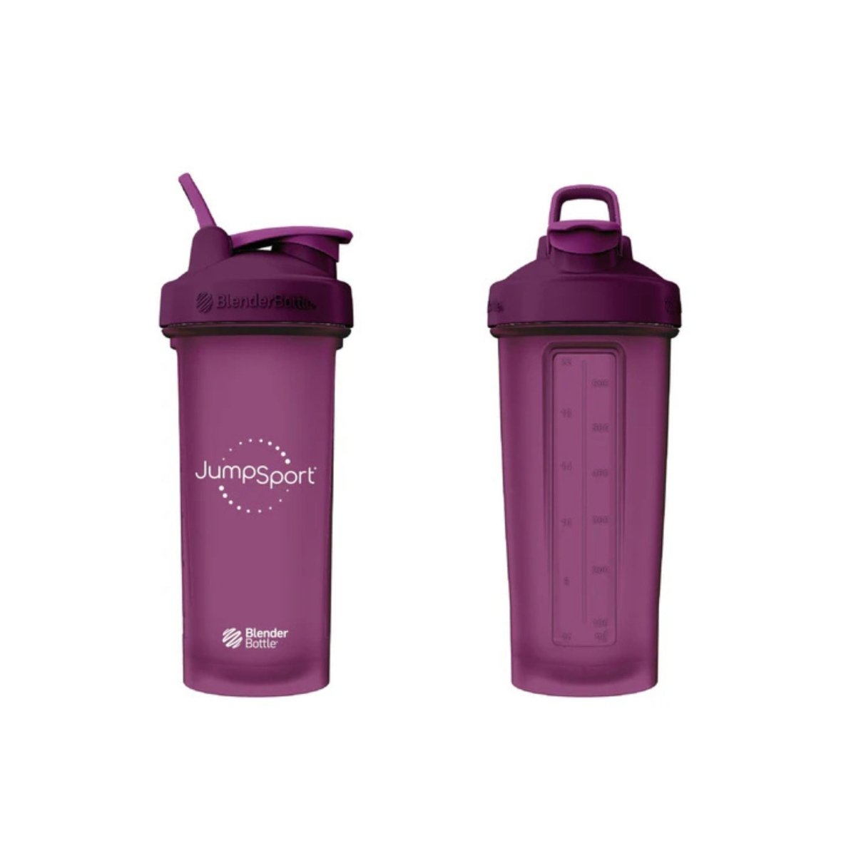 Jumpsport purple shaker bottle designed for mixing protein shakes at the gym