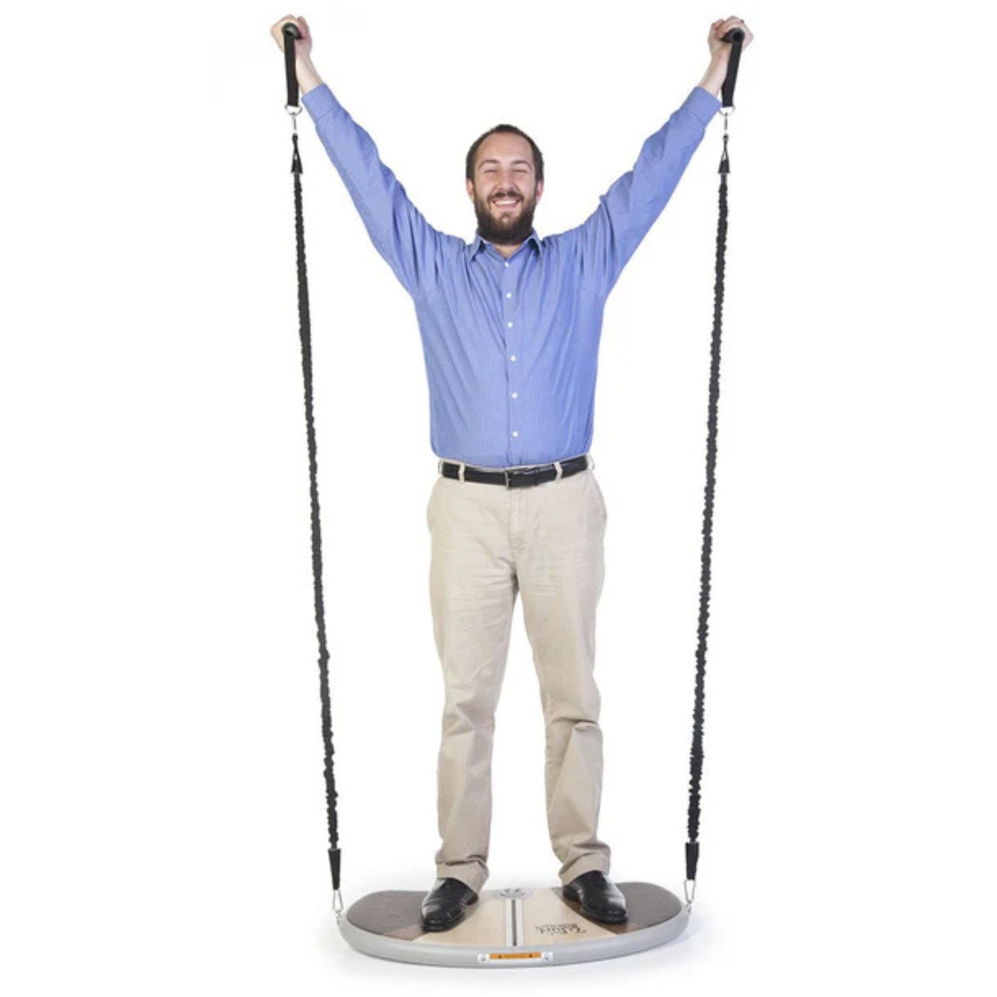 Man performing overhead workout with Jumpsport Wurf Board resistance tubes