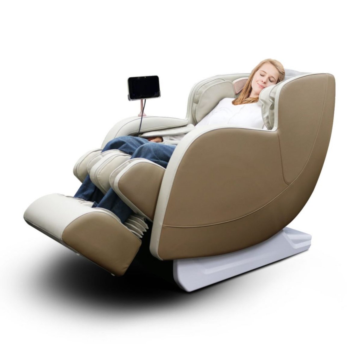 Woman reclining in beige DIOS 6800 massage chair with advanced 6D technology and LCD touchscreen remote control, highlighted on a clean white background