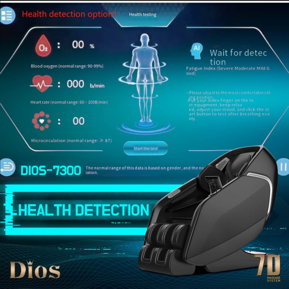 DIOS 7300 massage chair with integrated health detection system, showcasing real-time biometric monitoring for blood oxygen, heart rate, fatigue, and circulation, displayed on a futuristic digital interface background