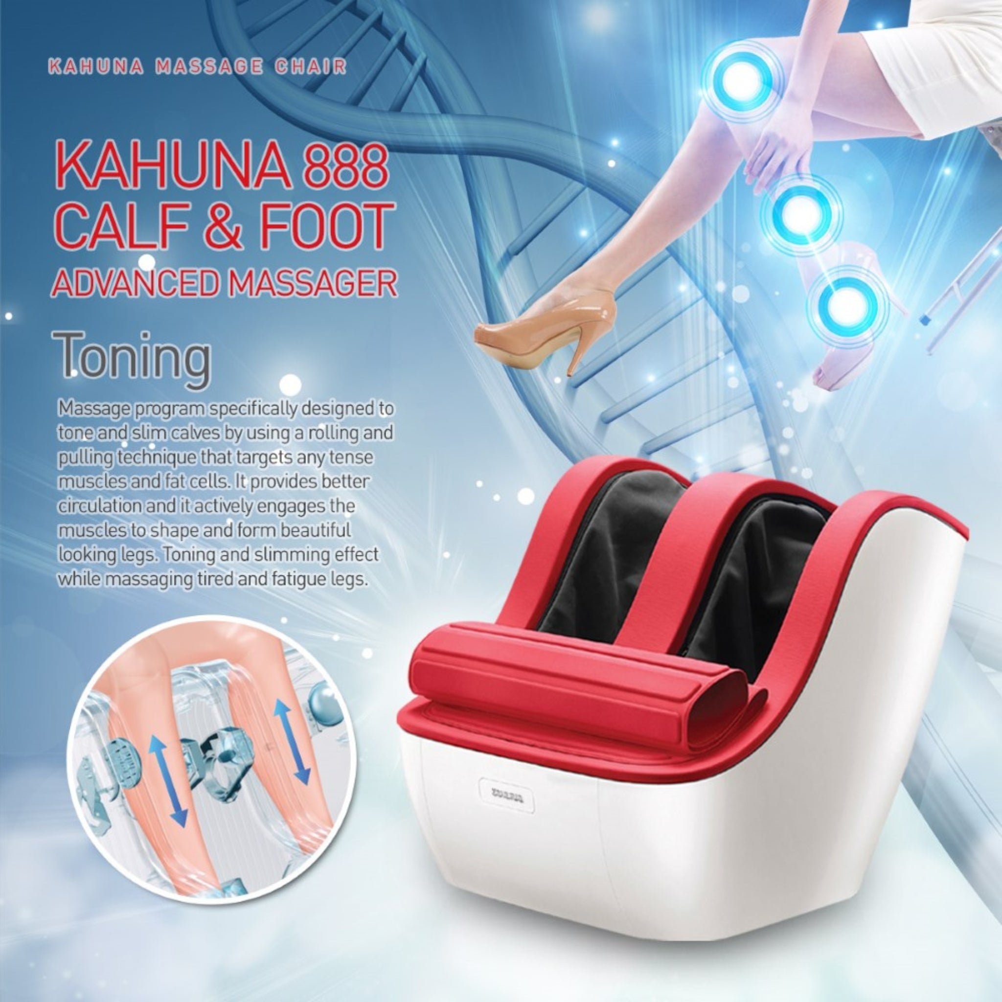 Kahuna 888 foot and calf massager close-up showing cushion and rollers