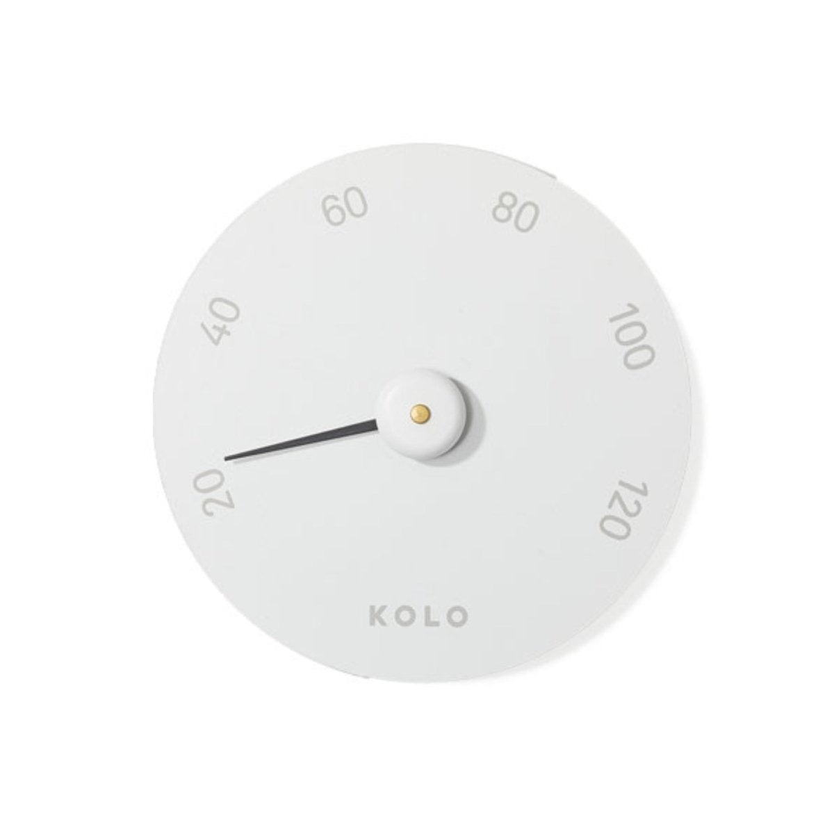KOLO white sauna thermometer featuring clean modern style and precise Celsius scale.