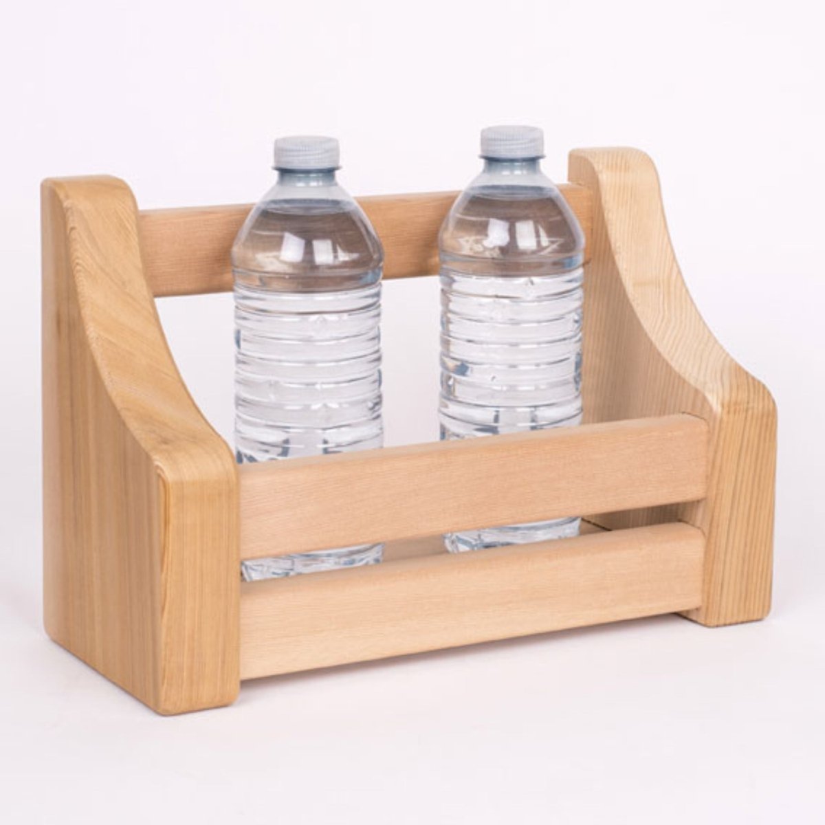 Leisurecraft Cedar Bottle Shelf holding two clear water bottles displayed on a white background.