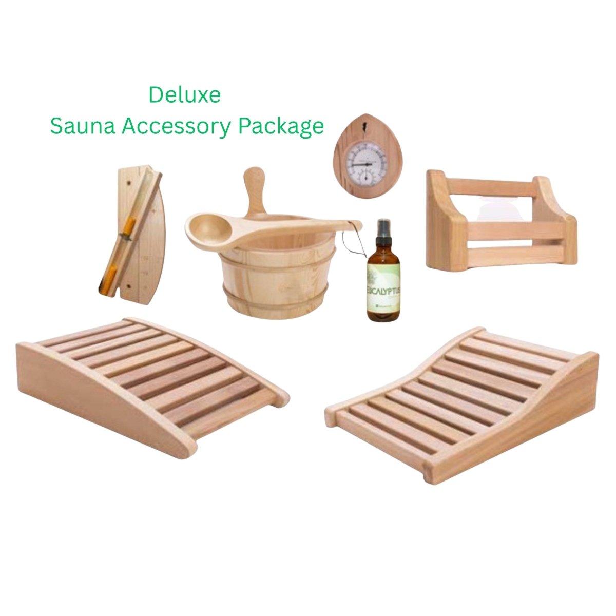 Leisurecraft deluxe sauna accessory package with cedar backrests, bucket, ladle, thermometer, timer, and bottle shelf