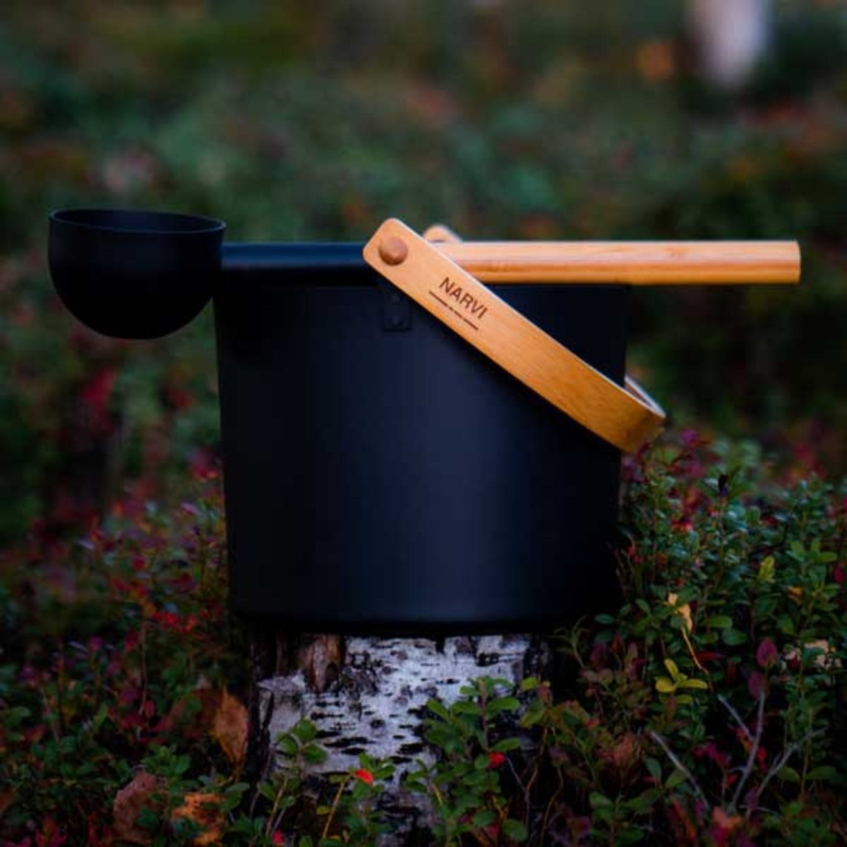 Leisurecraft Narvi Black Sauna Bucket with matching black ladle and wooden handle displayed outdoors on a tree stump with natural foliage in the background.