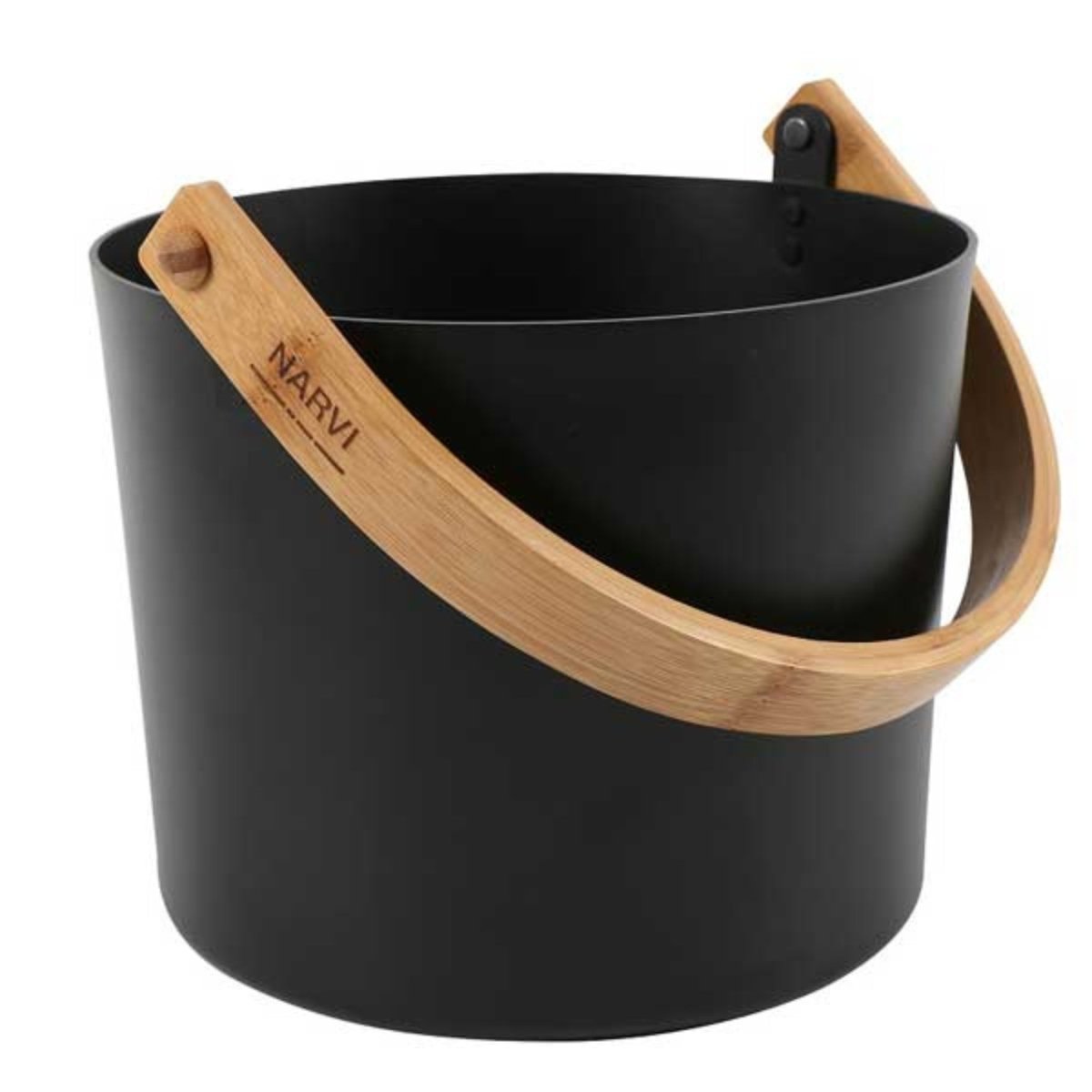 Leisurecraft Narvi Black Sauna Bucket with a matte black body and curved natural wooden handle displayed on a white background.