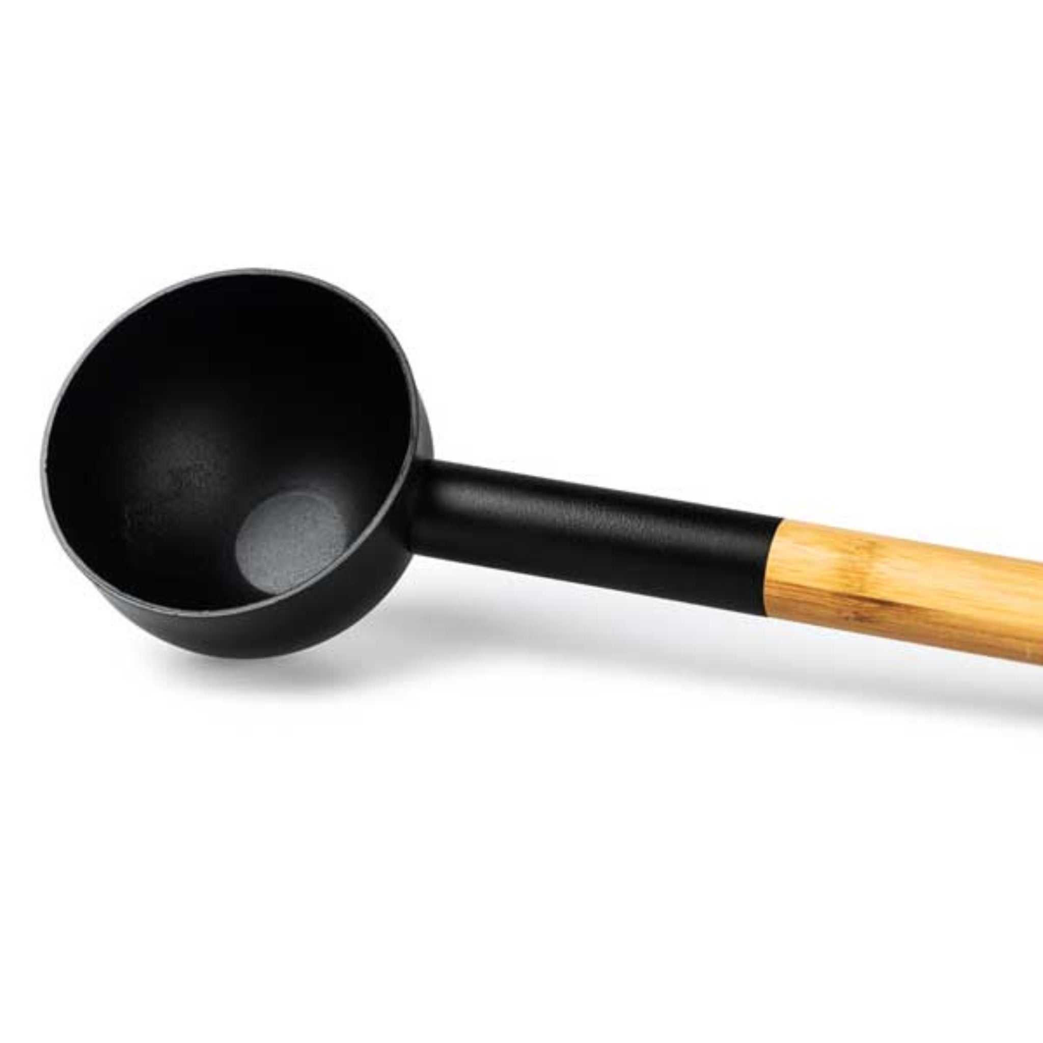 Leisurecraft Narvi Black Sauna Ladle with matte black scoop and natural wooden handle displayed at an angled view