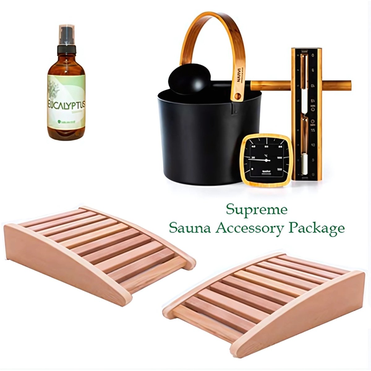 Leisurecraft supreme sauna accessory package with cedar backrests, bucket, ladle, thermometer, timer, and eucalyptus bottle