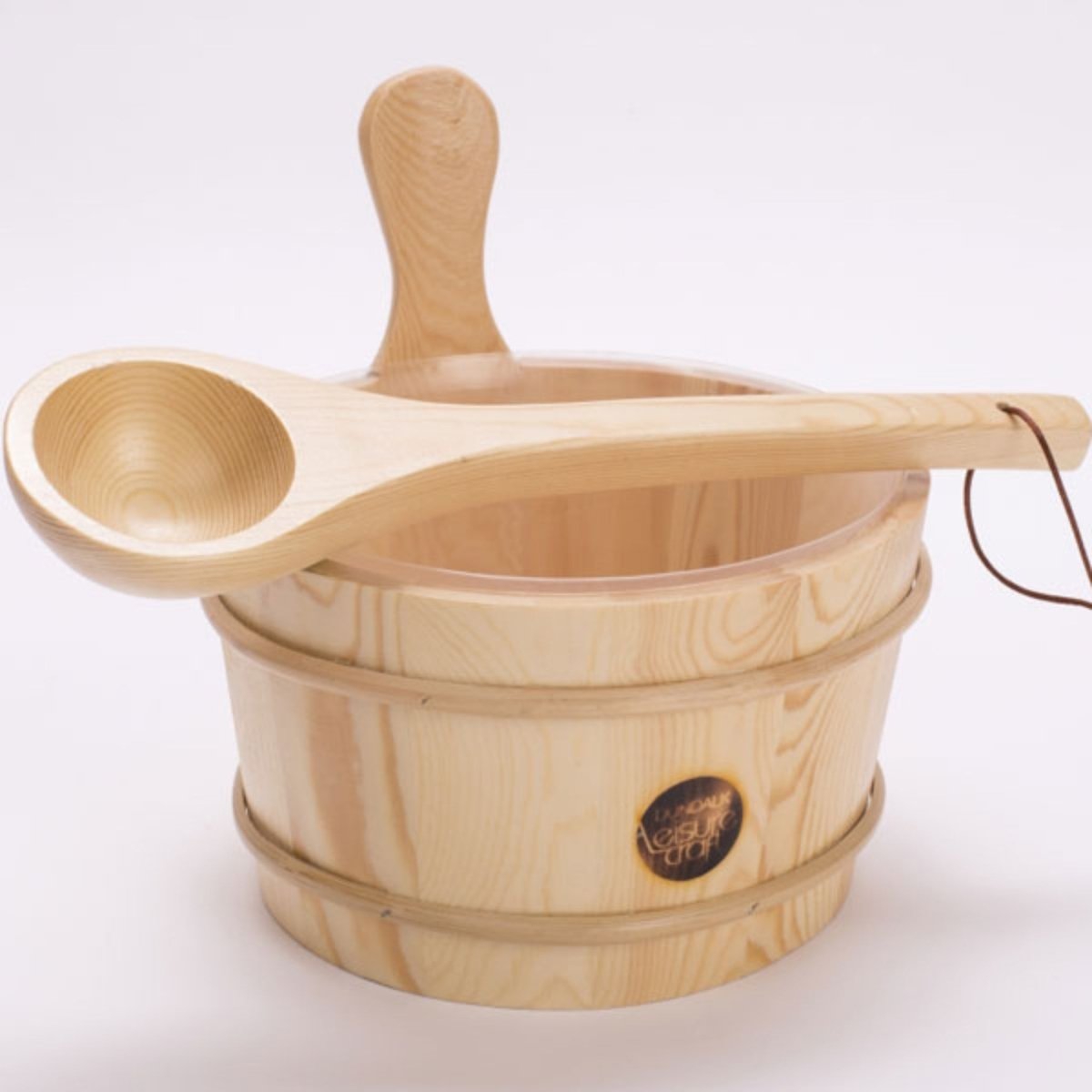 Leisurecraft wooden sauna bucket with matching wooden ladle displayed on a white background.