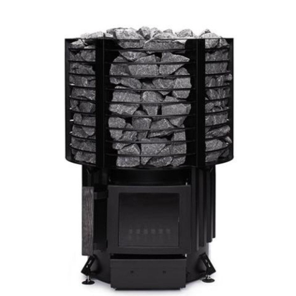 Narvi Inari wood-burning sauna stove front-view with large stone basket and black steel body, front view