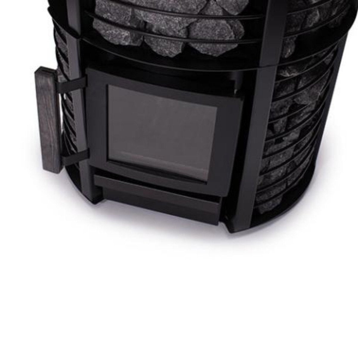 Narvi Inari wood-burning sauna stove with stone-filled exterior and glass fire door, front view on white background