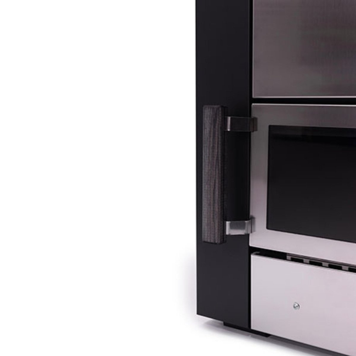 Close-up side view of Narvi Kuru wood-burning sauna stove showing glass fire door and wooden handle detail