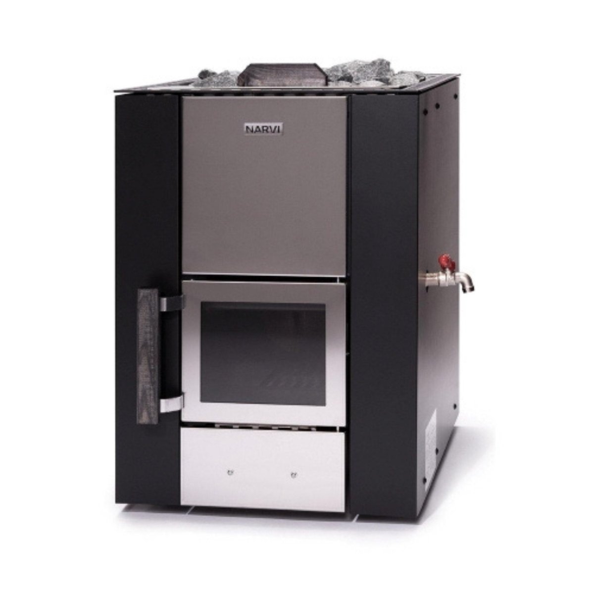 Angled front view of Narvi Kuru wood-burning sauna stove showing glass door, steel exterior, and side-mounted water connection