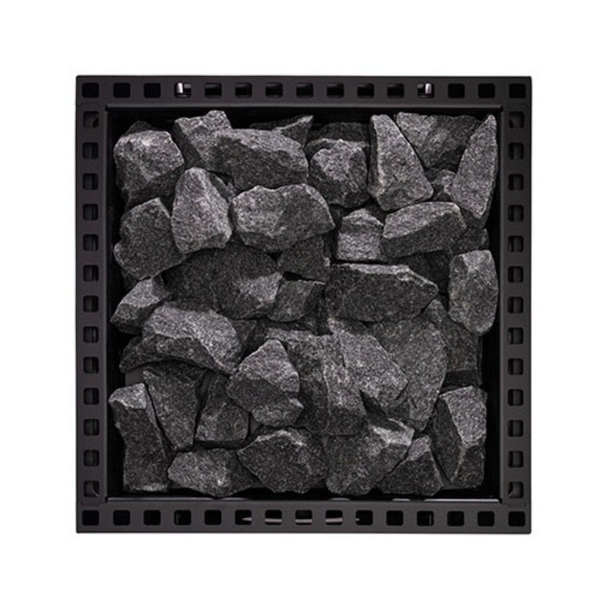 Top view of Narvi Kuru wood-burning sauna stove showing stone basket filled with sauna stones