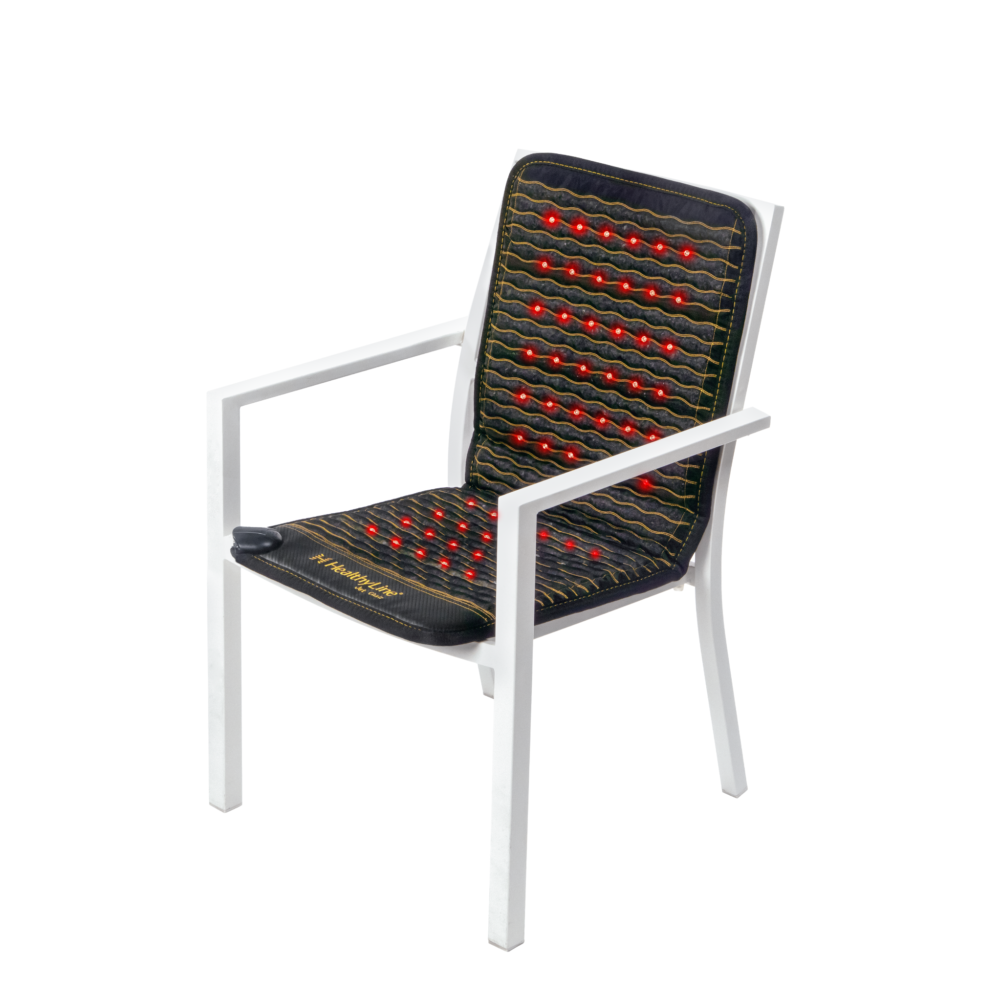 PEMF infrared therapy chair with heated red light pads for relaxation, circulation, and wellness