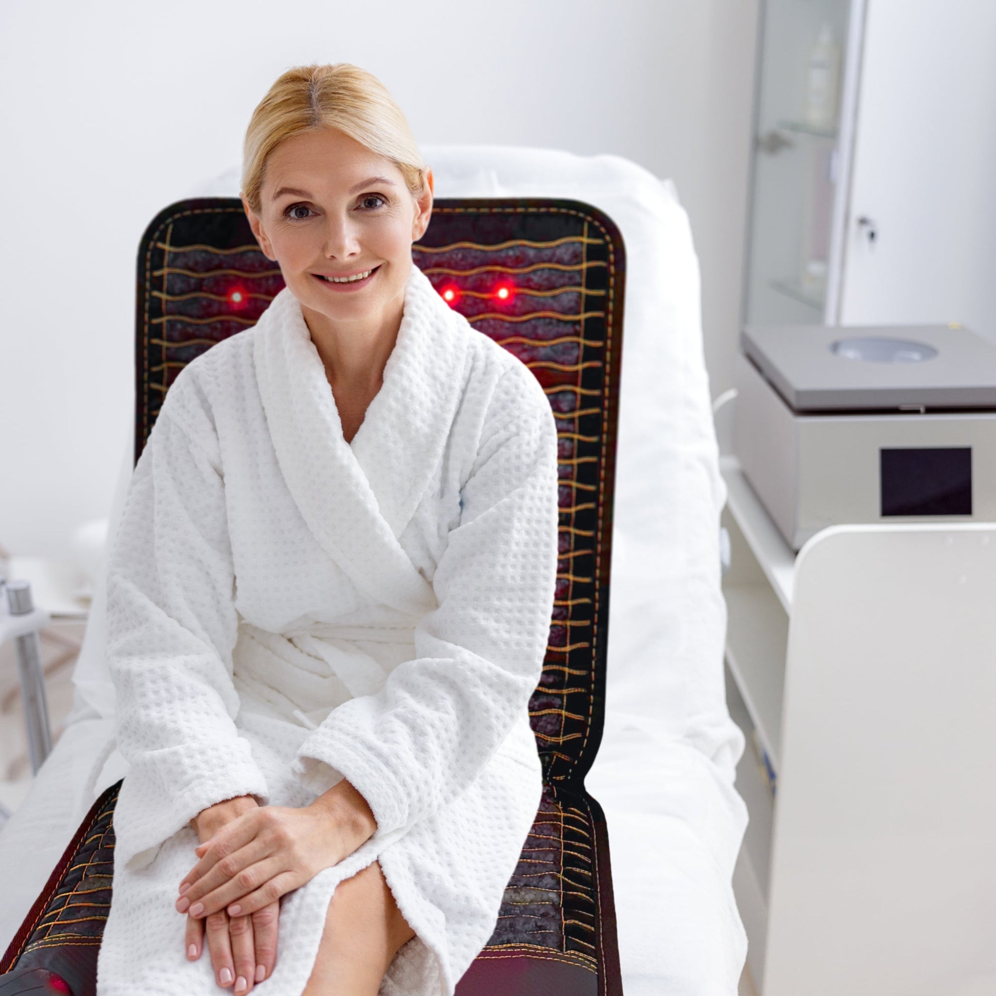 Woman relaxing in a white robe on a PEMF infrared heating mat with red light therapy, promoting wellness, relaxation, and circulation
