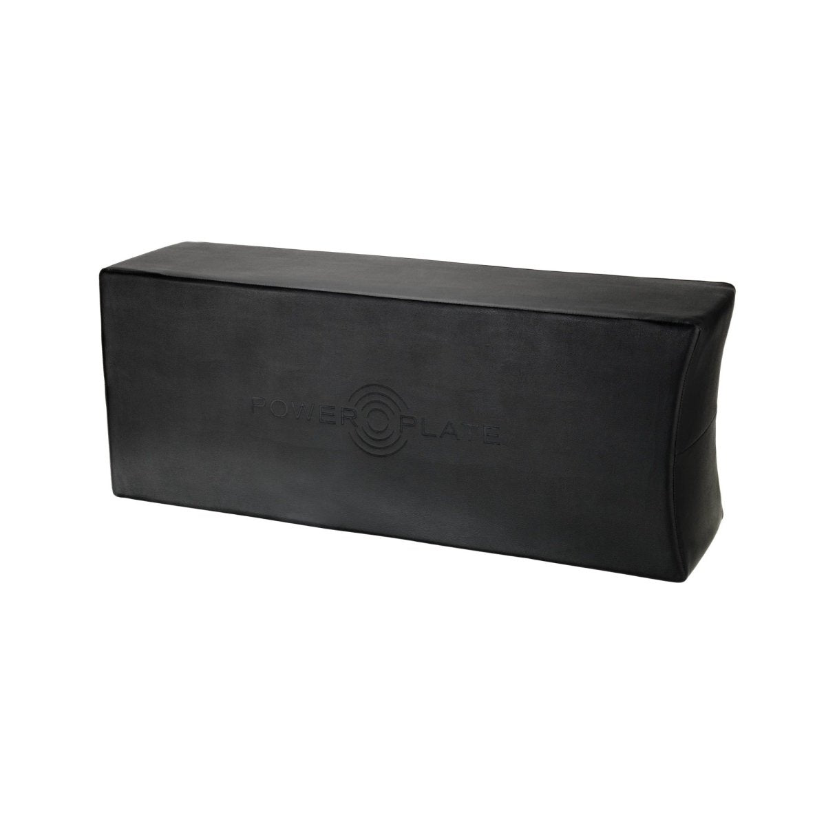 Power Plate soft foam exercise block in black with embossed logo, used for support and stability during workouts