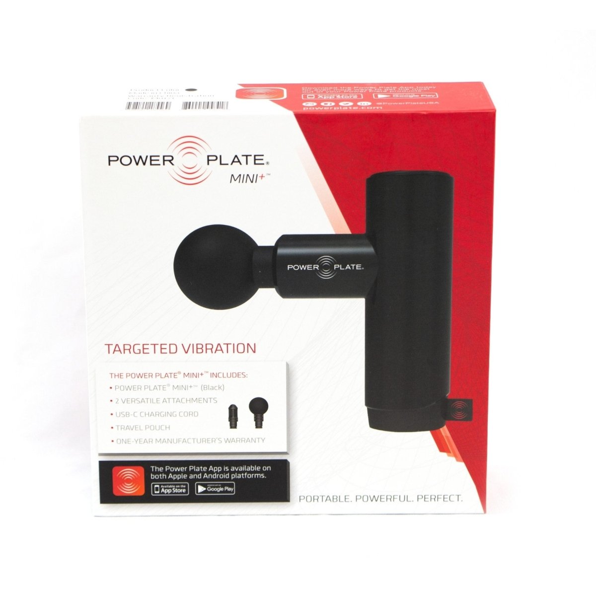 Retail packaging of Power Plate Mini+ black massage gun with included accessories