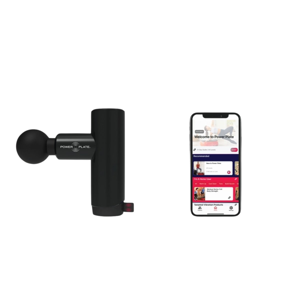 Power Plate Mini+ massage gun alongside Power Plate app on smartphone