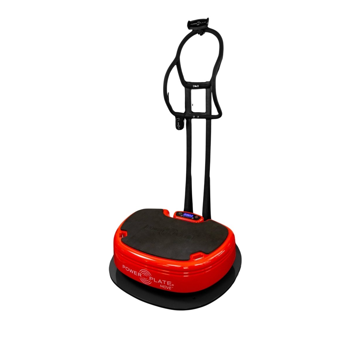 Power Plate MOVE red vibration platform with installed handlebar column kit for balance and support