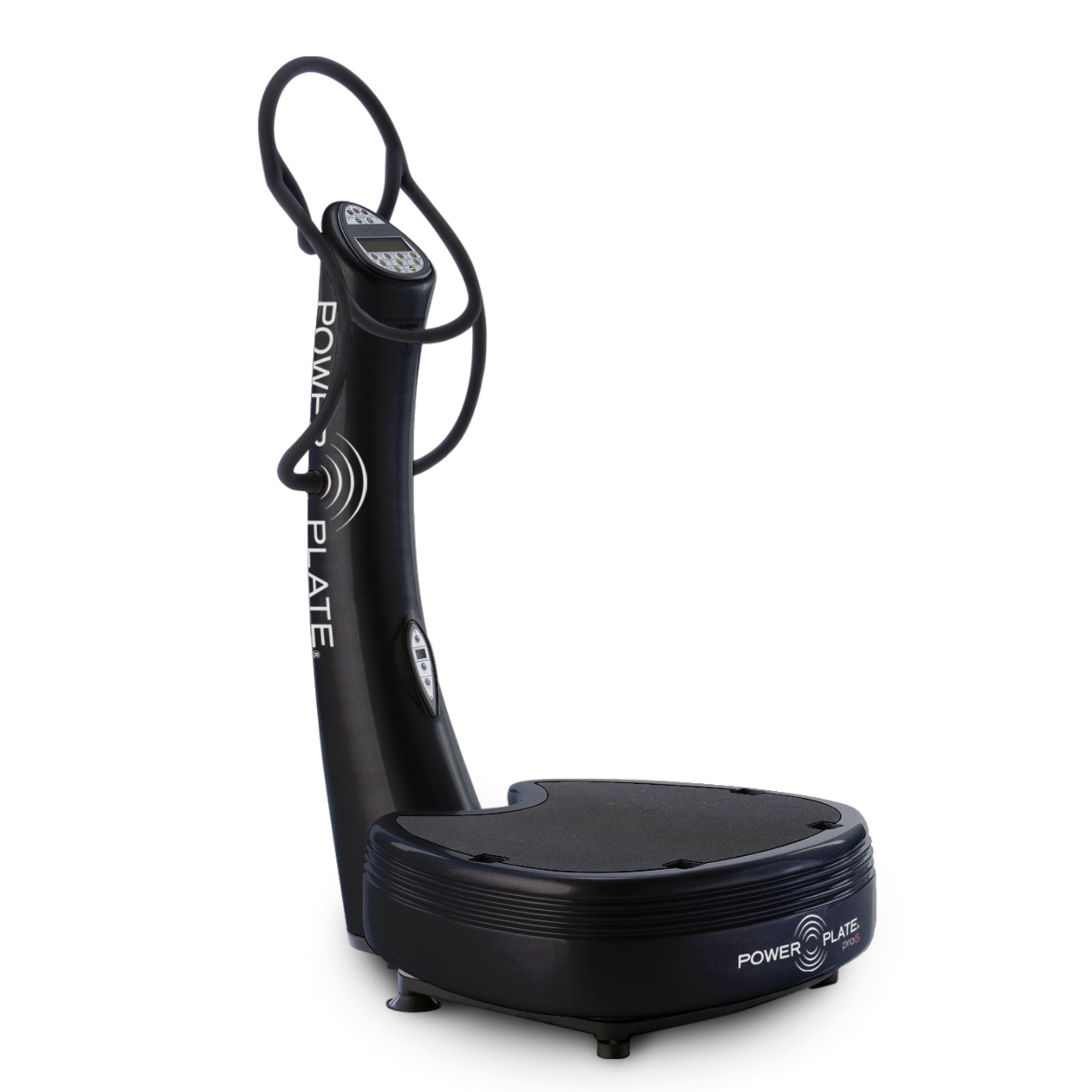Power Plate pro5 black vibration training machine with handlebars on a white background