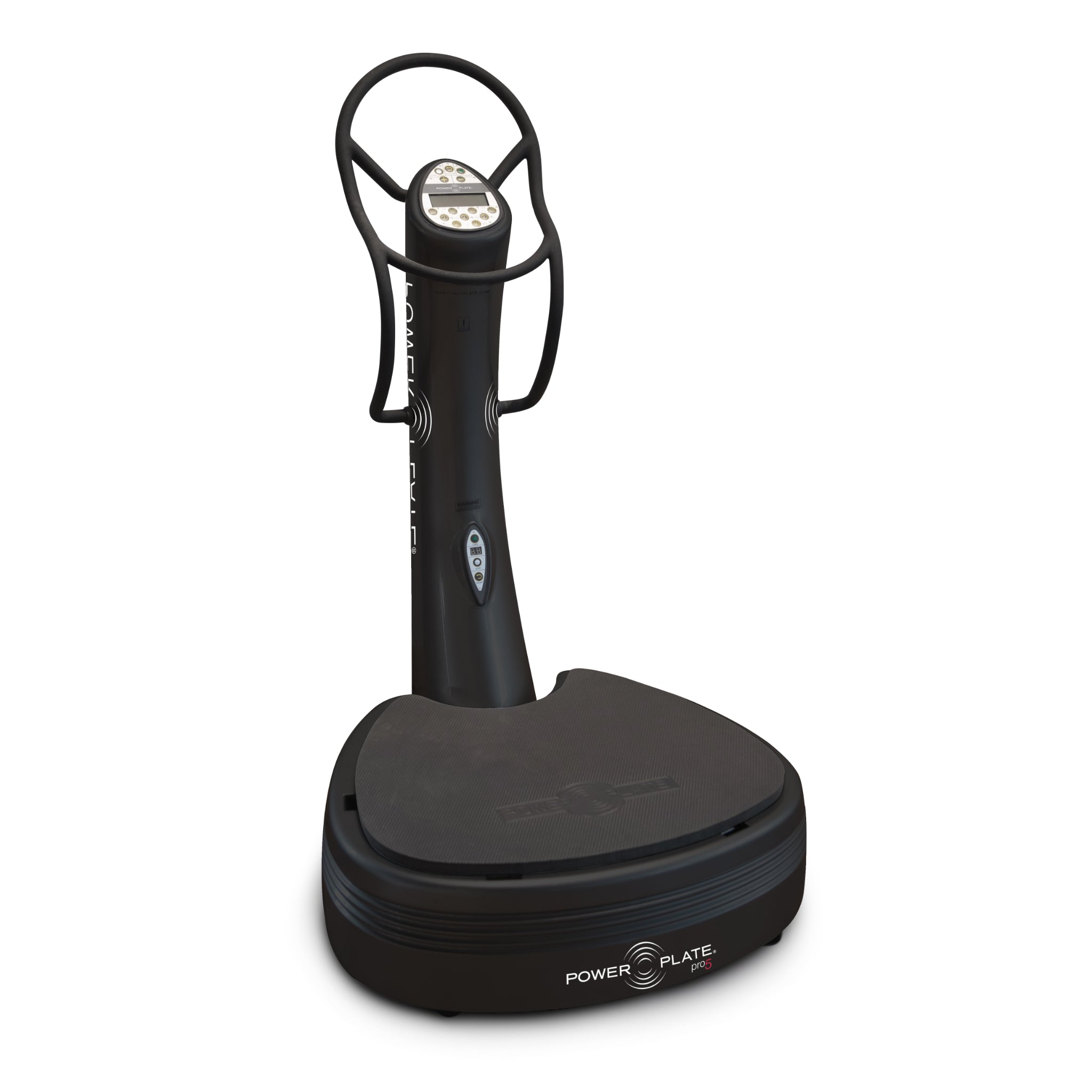 Power Plate pro5 black vibration training machine with handlebars and control console on a white background