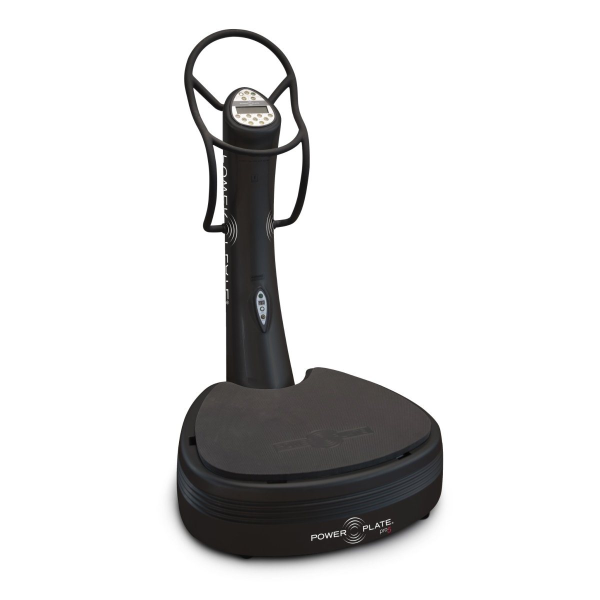 Power Plate pro5 black vibration training machine with handlebars and control console on a white background