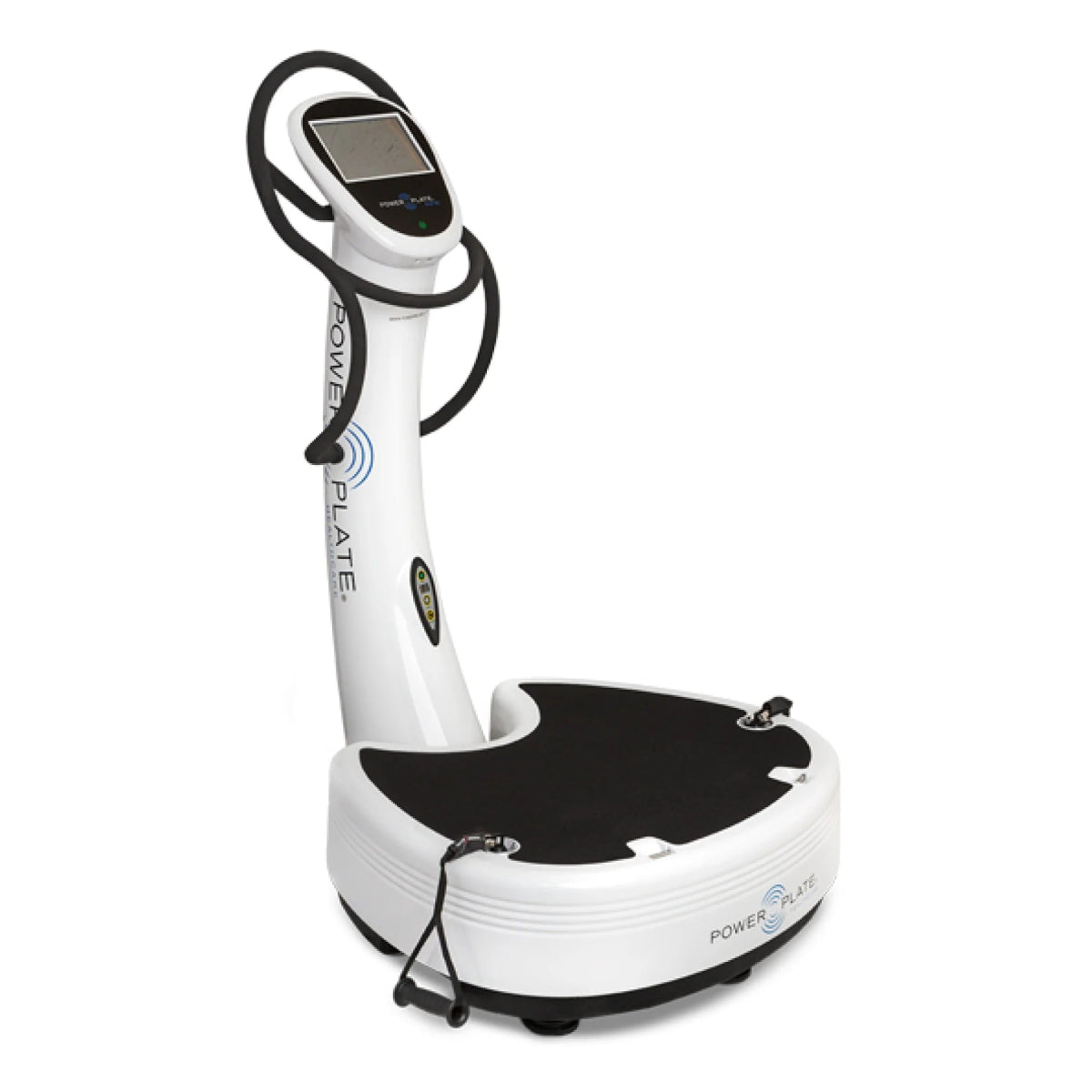 Power Plate pro7HC white vibration training machine with touchscreen console and handlebars on a white background