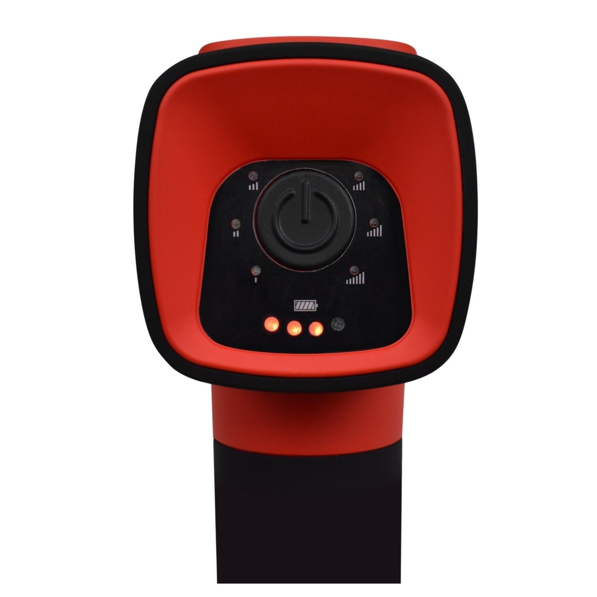 Close-up of Power Plate Pulse control panel with LED battery and intensity indicators