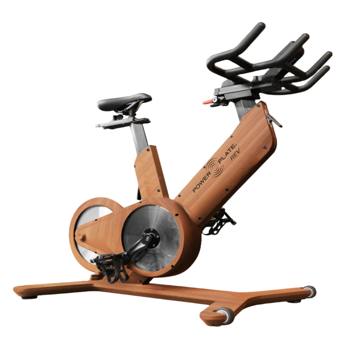 Power Plate REV woodgrain vibration training bike with black seat and handlebars, side view on a white background