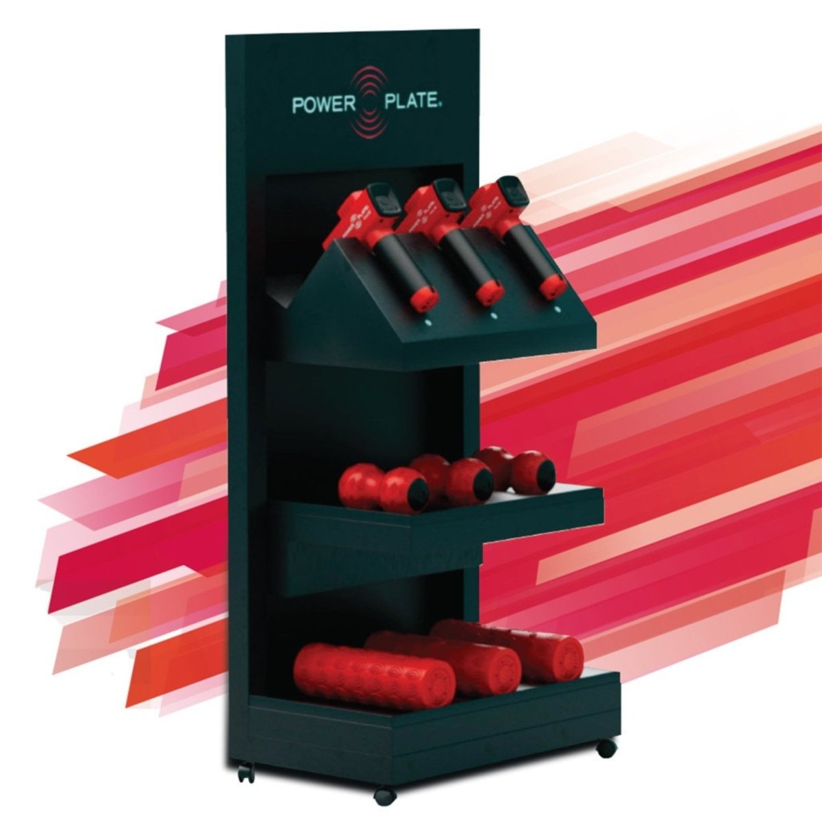 Power Plate Recovery Station storage unit featuring massage guns, vibrating rollers, and massage balls, displayed on a professional fitness rack for studio or gym recovery solutions