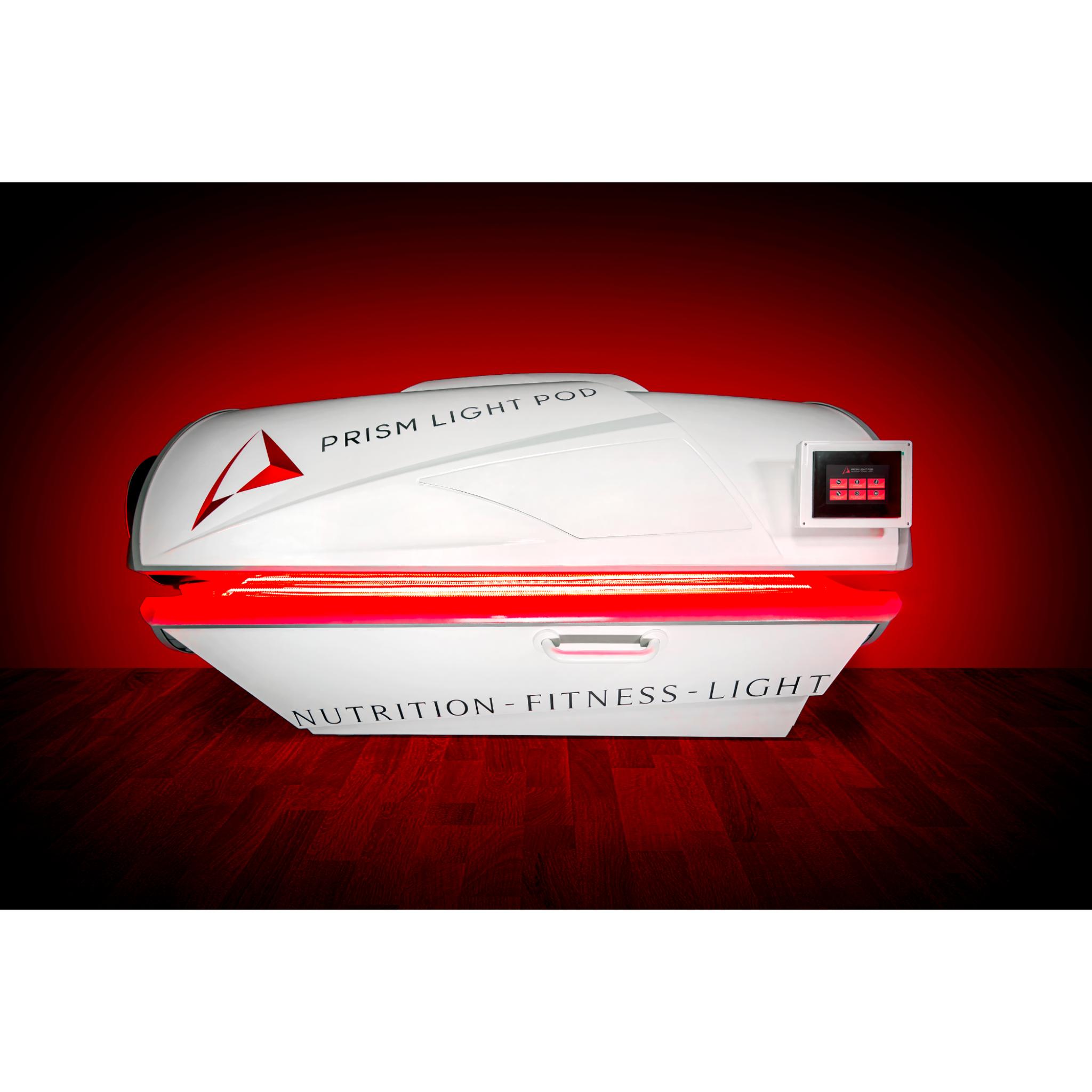 Prism Light Pod Gen4 closed system with glowing red light panels on a dark background for wellness and recovery