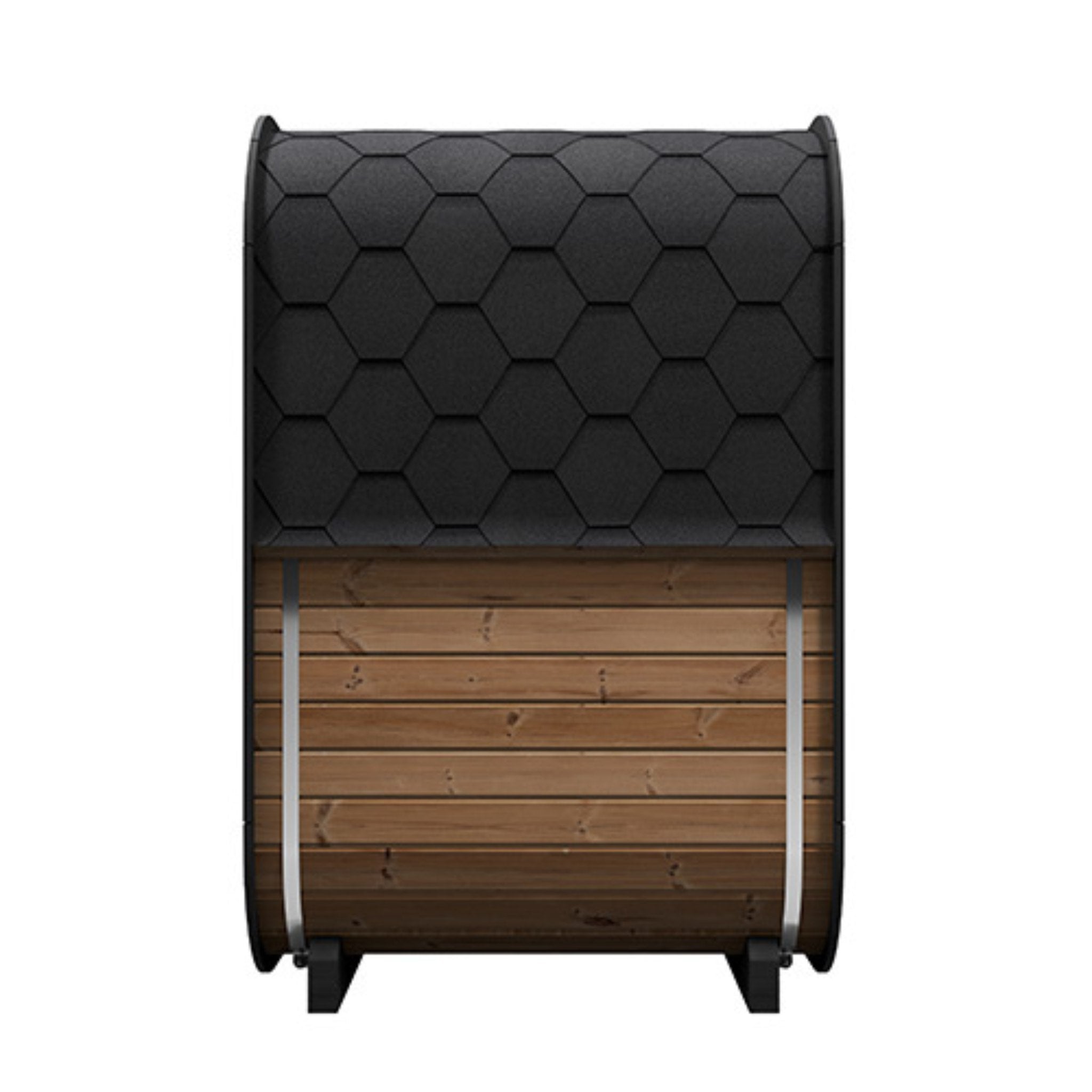 Side profile of SaunaLife CL3G outdoor sauna showing shingled roof and wood detail.