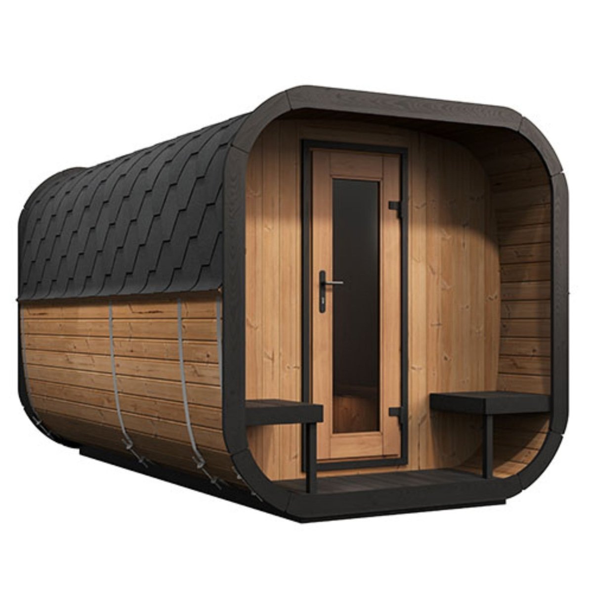 SaunaLife Model CL12GCP outdoor sauna cabin with glass front door and dark shingle roof.