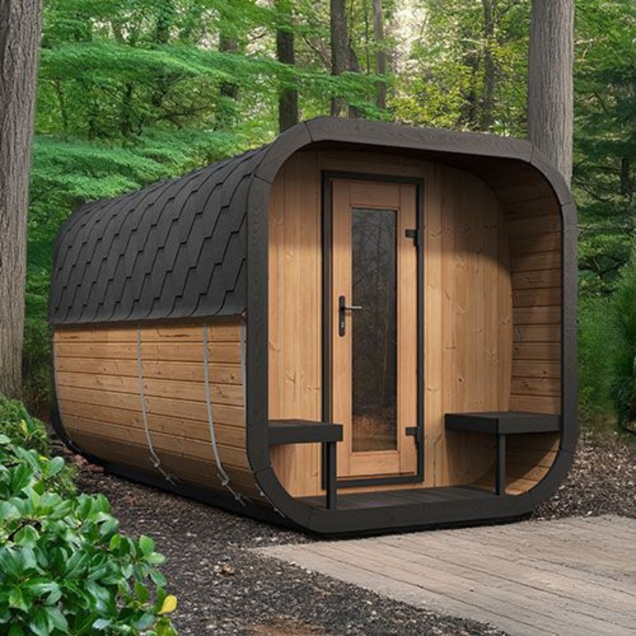SaunaLife CL12GCP outdoor sauna cabin positioned in a forest landscape.