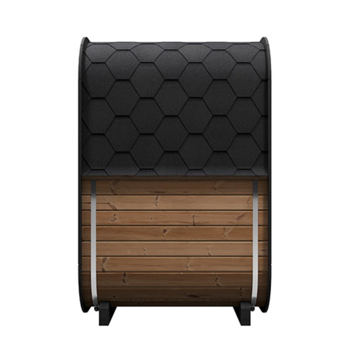 Side profile of SaunaLife CL3G outdoor sauna showing shingled roof and wood detail.