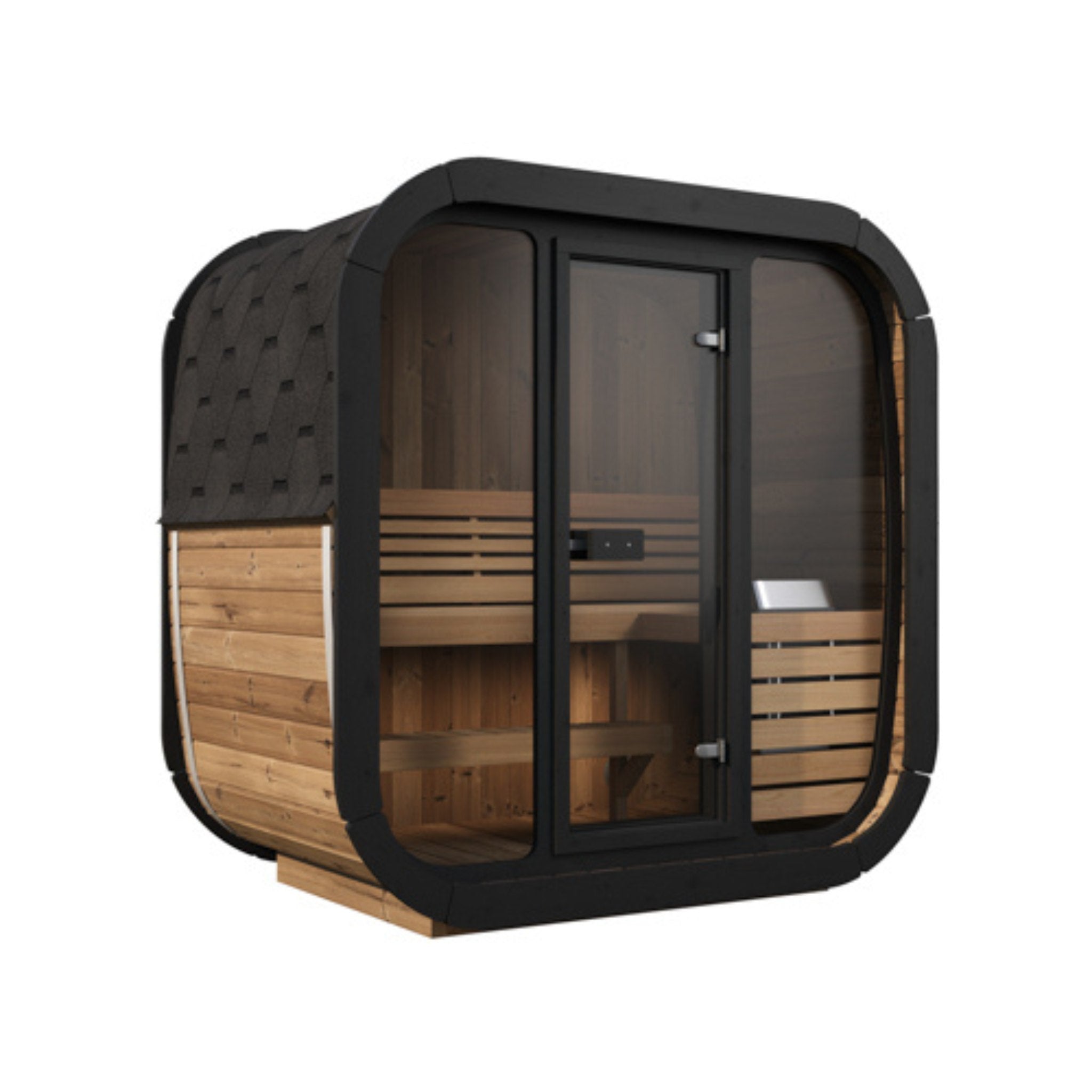 SaunaLife Model CL4G outdoor sauna cabin with glass front door and sleek black frame.